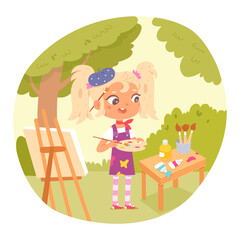 Fototapeta premium Girl artist painting outdoor. Little child drawing picture of flowers on canvas on easel with brushes, watercolours, palette vector illustration. Creating art in summer activity