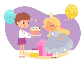 Boy giving birthday cake to girl at party to blow candles. Happy children friendship together vector illustration. Smiling kids celebrating holiday with sweet gift, presents, balloons