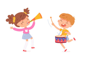 Kids playing music instruments and having fun. Active creative leisure for children vector illustration. Boy and girl with trumpet and drums making sound on white background
