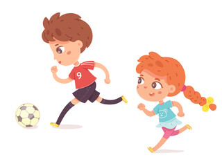 Boy and girl playing football together. Two happy little kids playing sport vector illustration. Smiling children kicking ball by foot and running isolated on white background