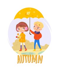 Happy kids in autumn. Children in rainy weather walking outdoor vector illustration. Girl collecting leaves, boy holding umbrella in park. Bushes and puddles on ground background