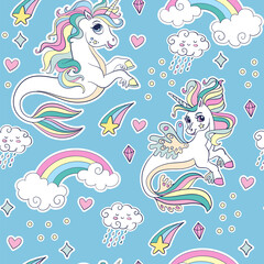 Blue seamless vector pattern with sea unicorns and magic elements