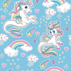 Blue seamless vector pattern with sea unicorns and magic elements © alinart