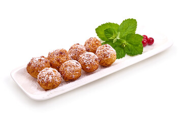 Doughnuts. Homemade curd balls with powdered sugar, isolated on white background. High resolution image.