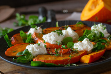 Pumpkin Salad with cheese High protein meal for Fitness, athlete and dieting