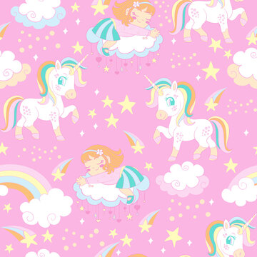 Pink seamless vector pattern with unicorns and sleeping girl