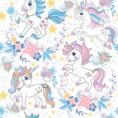 Seamless vector pattern with unicorns and floral elements white