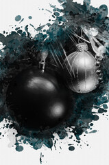 Digital watercolor painting of Christmas tree decorated with Christmas balls, tinsel, garland. Merry Christmas happy new year. Monochrome Festive abstract wallpaper.