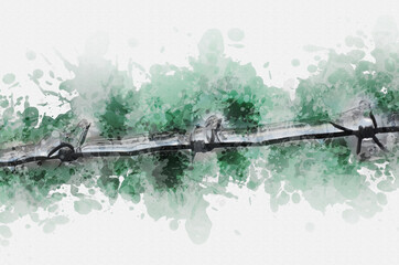 Digital watercolor painting of icy barbed wire. Close-up of the frozen metal fence against the green. Abstract Wallpaper.