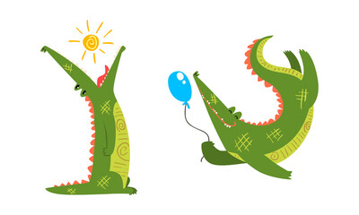 Funny Green Crocodile with Toothy Smile Holding Balloon and Swallowing Sun Vector Set