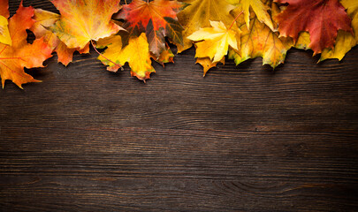Naklejka na ściany i meble Autumn leaf on wood black background orange lush on old grunge wood deck, copy place, top view