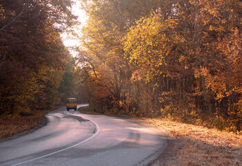 Obraz premium Road in beautiful autumn forest with school bus at morning.