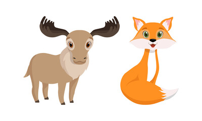 Cute Woodland Animals with Fox and Elk Vector Set