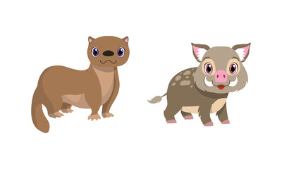Cute Woodland Animals with Boar and Stoat Vector Set