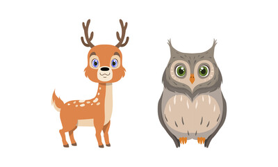 Cute Woodland Animals with Spotted Deer and Owl Vector Set