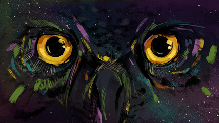 Mysterious glowing owl eyes on dark sky full of stars with nebula colors.