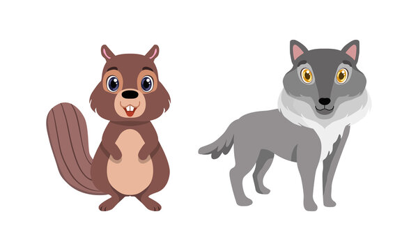 Cute Woodland Animals with Wolf and Beaver Vector Set