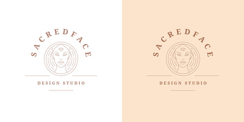 Beauty magic female portrait logo emblem design template vector illustration in minimal line art style