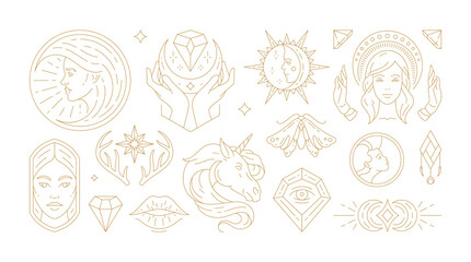 Magic woman boho vector illustrations of graceful feminine women and esoteric symbols set