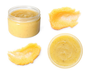 Aromatic body scrubs on white background, collage