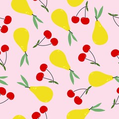 Seamless hand-drawn pattern with berries and fruits. Yellow pear and red cherry. Cute ornament for decor, fabric and wrapping paper