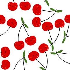 Cute cherries with a face. Seamless hand-drawn cartoon pattern with berries