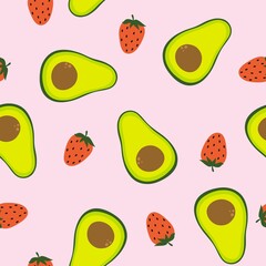 Avocado and strawberry on a pink background. Seamless vector pattern with berries and fruits