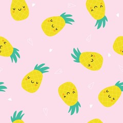 Seamless pattern with yellow pineapples on a pink background. Vector illustration, animated. Hand-drawn vector background with fruits.