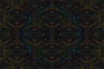 Geometric volumetric convex 3D pattern for wallpaper, websites, textiles. Embossed abstract black background in Eastern, Indian, Mexican, Aztec style. Shiny texture with ethnic ornament.