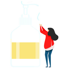 woman disinfects hands, hand sanitizer, sanitizer, hand soap, bacteria and germ treatment for hands, insulated bottle with hand degreaser