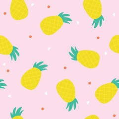 Seamless pattern with yellow pineapples on a pink background. Vector illustration, animated. Hand-drawn vector background with fruits.