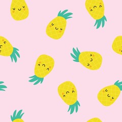 Seamless pattern with yellow pineapples on a pink background. Vector illustration, animated. Hand-drawn vector background with fruits.