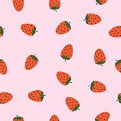 Seamless pattern with red strawberries on a pink background. A simple vector ornament with berries. For fabric, wrapping paper and decor