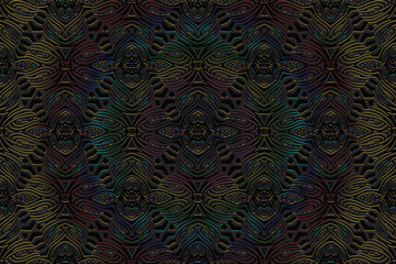 Obraz premium Geometric volumetric convex 3D pattern for wallpaper, websites, textiles. Embossed decorative black background in the Eastern, Indian, Mexican, Aztec style. Shiny texture with ethnic ornament.