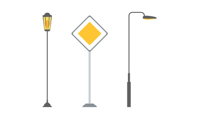 Street Light Post and Traffic or Road Sign as City Landscape Element Vector Set