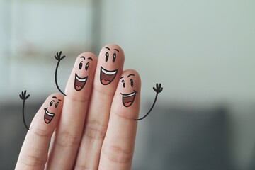 Fingers with Smile Face, Happy, Friendship, Family, Group, Teamwork, Community, Unity, Love Concept.