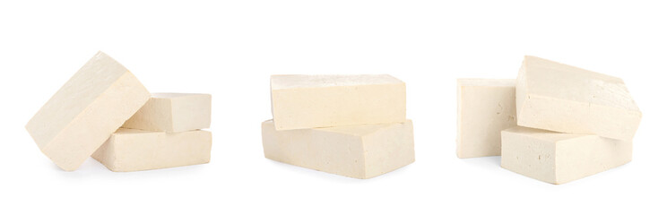 Set with tasty raw tofu on white background. Banner design