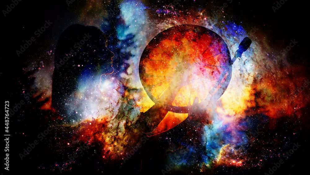 Poster shamanic girl with frame drum on abstract structured space background.