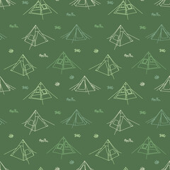 Seamless outline pattern of outdoor teepee tent camping and grass. ready to use for cloth, textile, wrap and other.