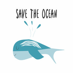 Cute whale illustration in cartoon style.  Pollution problem concept Eco, ecology banner poster. Vector