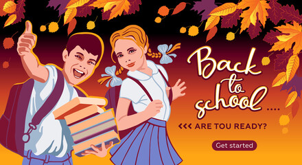 Back to school. Cute schoolchildren. A girl with pigtails in a school uniform with a backpack, a boy with books on a background of autumn leaves. School activities. Pictures for infographics, website