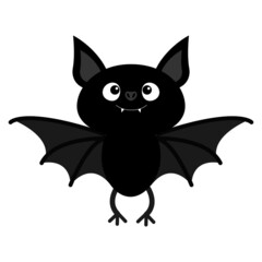 Cute flying bat. Happy Halloween. Cartoon kawaii funny baby animal charater. Greeting card. Flat design. White background. Isolated.