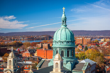 Harrisburg, Pennsylvania, USA cityscape with historic churches.