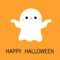 Flying ghost spirit with hands. Happy Halloween. Scary white ghosts. Cute cartoon spooky character. Smiling face. Greeting card. Orange background. Isolated. Flat design.