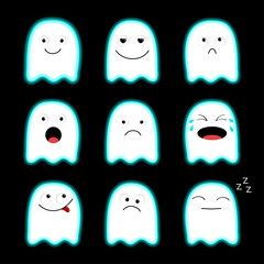 Cute ghost set. Emoji icon. Happy Halloween. Emoticons. Funny kawaii cartoon characters. Scary white glowing ghosts. Neon blue effect. Emotion collection. Flat design. Black background