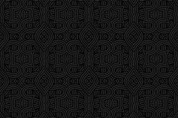 Geometric volumetric convex 3D pattern for wallpaper, websites, textiles. Vector artistic embossed black background in oriental, indian, mexican, aztec style. Texture with ethnic ornament.