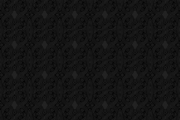 Geometric volumetric convex 3D pattern for wallpaper, websites, textiles.Vector fashionable embossed black background in oriental, indian, mexican, aztec style. Texture with ethnic ornament.