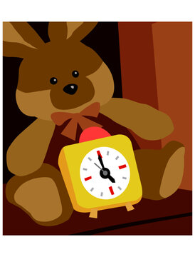 Early morning. Alarm clock. Big soft toy hare and clock by the bed. Vector image for prints, poster and illustrations.