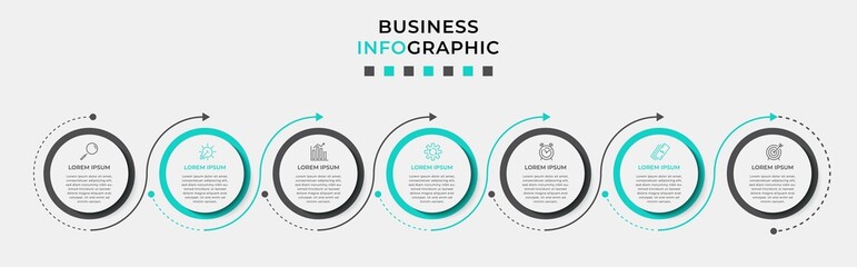 Vector Infographic design business template with icons and 7 options or steps. Can be used for process diagram, presentations, workflow layout, banner, flow chart, info graph