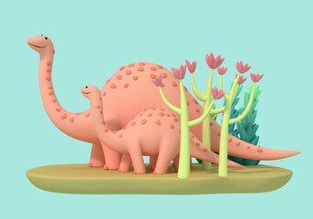 3d illustration. Happy Dinosaurs mom and cub are walking among the plasticine vegetation.